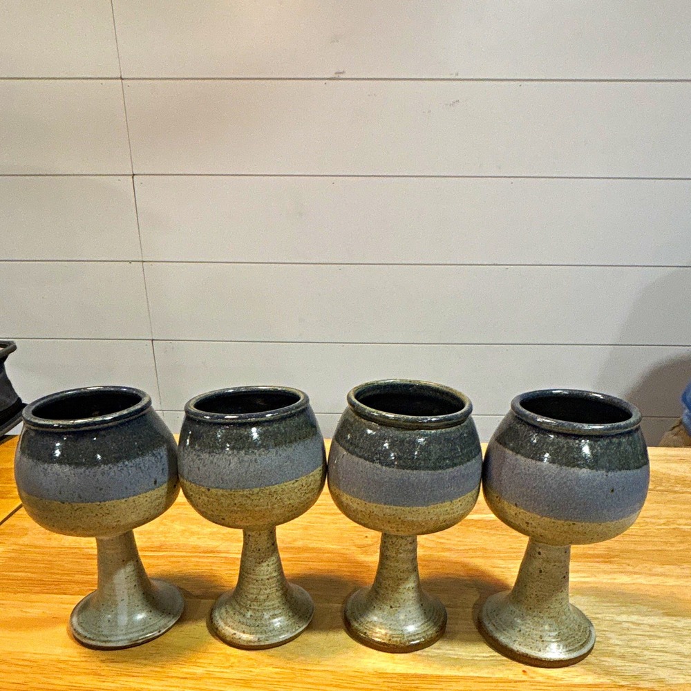 Vintage Otagiri Stoneware Wine Goblet Gray & Beige with Blue Glazing, Lot of 4